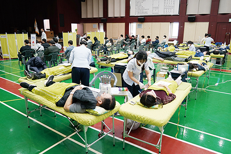 구 직원들이 혈액 수급 어려움 극복을 위한 단체 헌혈을 하고 있는 모습.